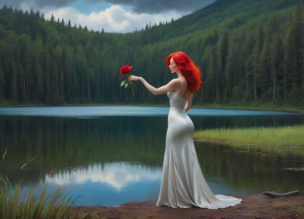  abstract expressionist painting A woman with red hair holding a rose stands before a serene lake and forest under a dramatic cloudy sky. . energetic brushwork, bold colors, abstract forms, expressive, emotional hyperrealistic, full body, detailed clothing, highly detailed, cinematic lighting, stunningly beautiful, intricate, sharp focus, f/1. 8, 85mm, (centered image composition), (professionally color graded), ((bright soft diffused light)), volumetric fog, trending on instagram, trending on tumblr, HDR 4K, 8K