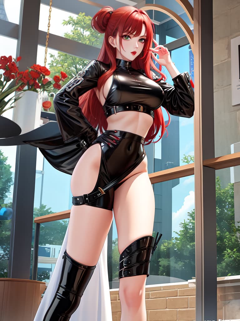  masterpiece, best quality, official art, extremely detailed cg 8k, tall white female, athletic build, wide hips, tight black leather top, tight black leather pants, black high heel boots, long red hair, full red lips, angry, high quality, 8k detail, large green eyes, standing, black gloves,