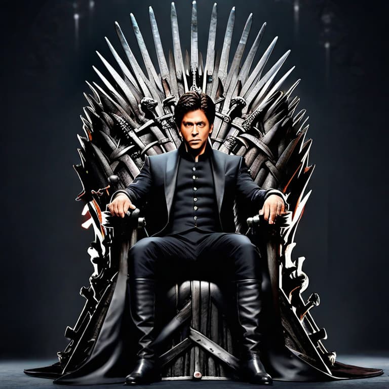  Medium: Digital Art
Art Style: Hyper-realistic
Image Type: Illustration
Resolution and Focus: 4K, highly detailed with sharp focus
Typography and Text: No text required

In this hyper-realistic digital illustration, we see Shah Rukh Khan transformed into the iconic character Jon Snow from Game of Thrones, seated upon the formidable Iron Throne. The Iron Throne, forged from melting down countless swords, is the centerpiece of the image, radiating a metallic sheen in distinct shades of silver and dark steel. The detailed craftsmanship of the throne is visible, with its sharp edges and intricate engravings. Shah Rukh Khan, with his intense gaze, confidently portrays Jon Snow, clad in his armor of black leather, fur-lined cloak, and Night's Wat