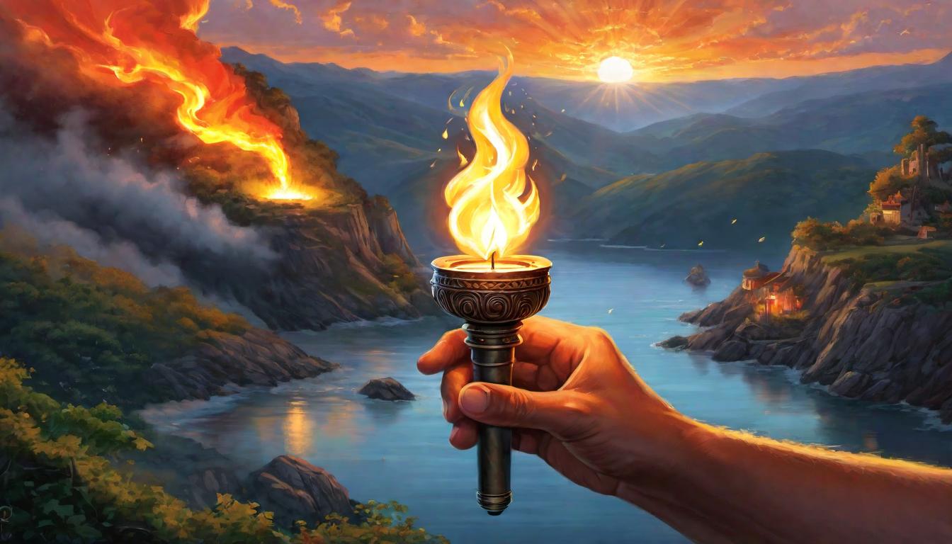  digital painting of A torch carried by diverse hands, ahead, a path illuminated, winding towards a horizon where dawn breaks, beacon of collective endeavor, path of enlightenment, hands detailed, showing unity in purpose, dawn's light is hopeful, invigorating, a journey shared, a destination imbued with promise looking at viewer, dynamic pose, (intricate details, masterpiece, best quality)