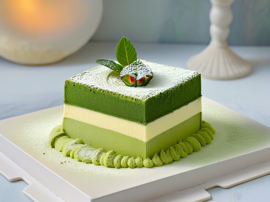  An ultradetailed closeup image of a slice of Tiramisú de matcha elegantly plated on a white, minimalist dish. The focus is on the intricate layers of green matchainfused sponge cake, velvety mascarpone cream, and delicate dusting of vibrant matcha powder on top. The lighting highlights the textures and colors, showcasing the dessert's gourmet presentation and inviting aesthetic. hyperrealistic, full body, detailed clothing, highly detailed, cinematic lighting, stunningly beautiful, intricate, sharp focus, f/1. 8, 85mm, (centered image composition), (professionally color graded), ((bright soft diffused light)), volumetric fog, trending on instagram, trending on tumblr, HDR 4K, 8K