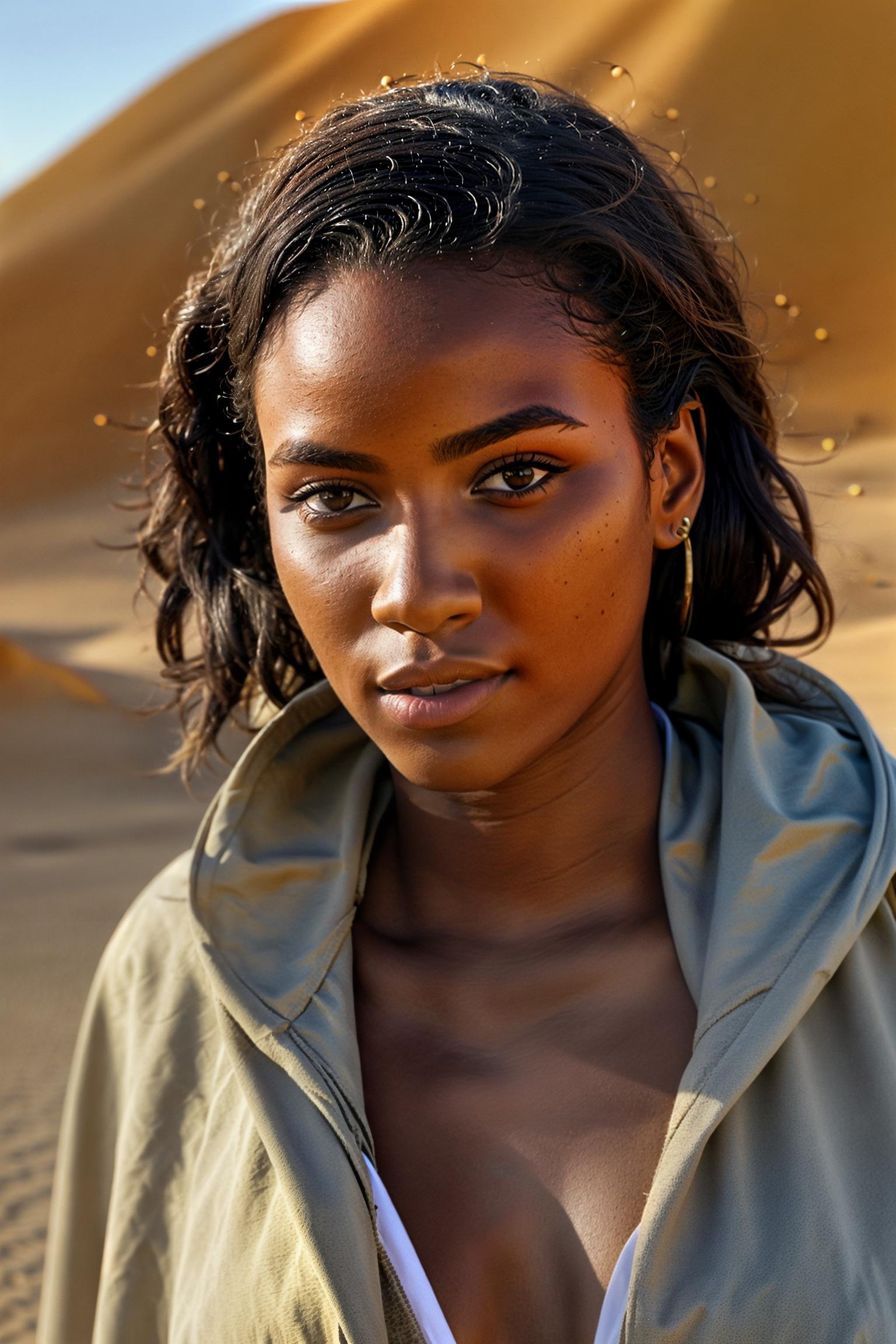 Very close up mysterious silhouette of a coloured exotic woman with cape, african safari desert, goddess, alluring, ((masterpiece)), ((Realistic Vision)),((fine details)), RAW, 8K, UHD, natural lighting, perfect day, <lora:add detail:0.5>