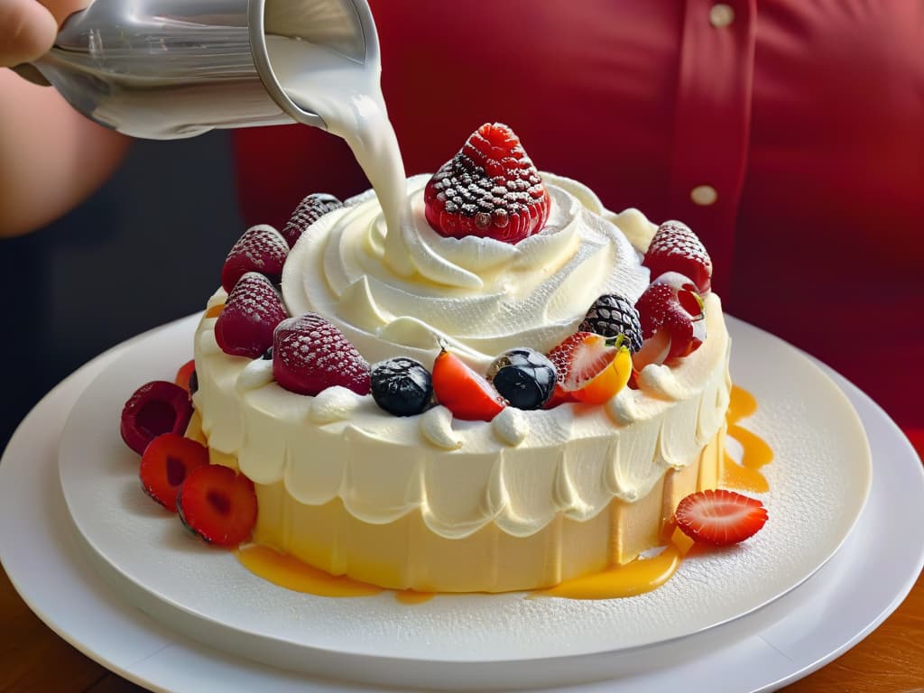  An ultradetailed closeup image of a perfectly whipped cream being dispensed from a sleek, modern siphon into a delicate, elegant dessert. The cream is forming a soft, pillowy swirl on top of a vibrant fruit tart, with tiny droplets glistening in the light, showcasing the precision and artistry of using a kitchen siphon in pastry creation. hyperrealistic, full body, detailed clothing, highly detailed, cinematic lighting, stunningly beautiful, intricate, sharp focus, f/1. 8, 85mm, (centered image composition), (professionally color graded), ((bright soft diffused light)), volumetric fog, trending on instagram, trending on tumblr, HDR 4K, 8K