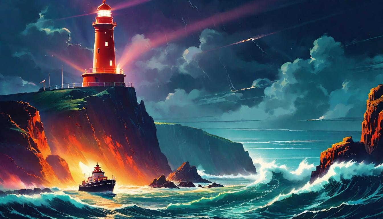  retro futuristic Lighthouse on a cliff, guiding ships in the dark; stormy sea, beacon of hope; symbol for guiding others; dramatic realism with intense lighting and dynamic sea textures lvintage sci fi, 50s and 60s style, atomic age, vibrant, highly detailed