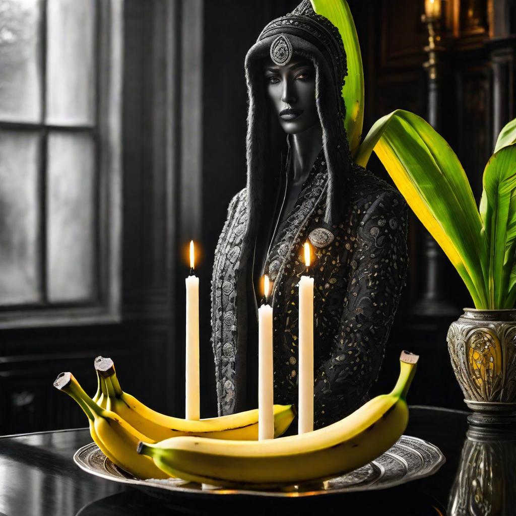  black and white 1 bright yellow banana world matrix green candles hyperrealistic, full body, detailed clothing, highly detailed, cinematic lighting, stunningly beautiful, intricate, sharp focus, f/1. 8, 85mm, (centered image composition), (professionally color graded), ((bright soft diffused light)), volumetric fog, trending on instagram, trending on tumblr, HDR 4K, 8K