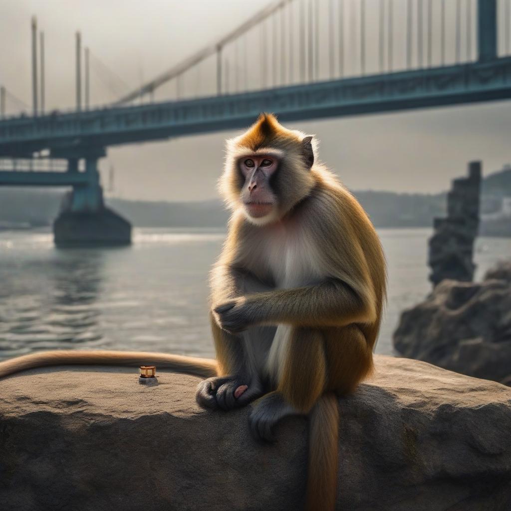  Monkey with cigarette in mouth in front of Crimean Bridge hyperrealistic, full body, detailed clothing, highly detailed, cinematic lighting, stunningly beautiful, intricate, sharp focus, f/1. 8, 85mm, (centered image composition), (professionally color graded), ((bright soft diffused light)), volumetric fog, trending on instagram, trending on tumblr, HDR 4K, 8K