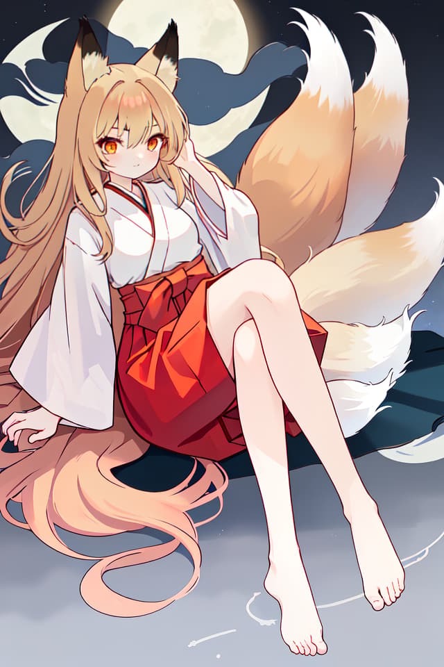   , , legs, fox maiden, long hair, wearing long hem hakama