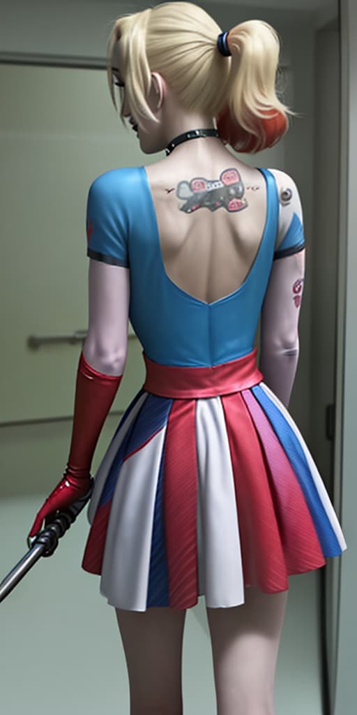  Harley-Quinn in a dress, with her back visible, in a hospital