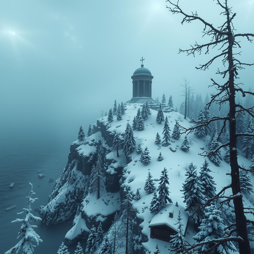  snowy arctic island covered in pine forests just above a stormy sea, the island looms 150 feet over the water in icy, treacherous cliffs, gothic mausoleum stands on the northern end of the island, haunting, 1990s ravenloft art ar 16:9 hyperrealistic, full body, detailed clothing, highly detailed, cinematic lighting, stunningly beautiful, intricate, sharp focus, f/1. 8, 85mm, (centered image composition), (professionally color graded), ((bright soft diffused light)), volumetric fog, trending on instagram, trending on tumblr, HDR 4K, 8K