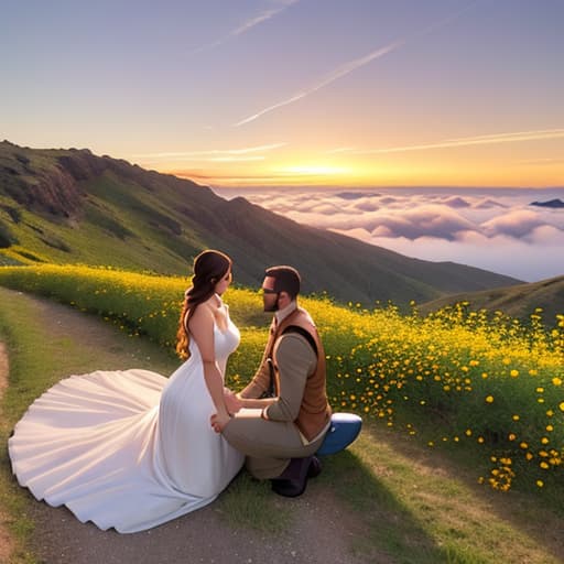  Please make a couple enjoy the photos of the sunset on the trail full of Kanma flowers around them. hyperrealistic, full body, detailed clothing, highly detailed, cinematic lighting, stunningly beautiful, intricate, sharp focus, f/1. 8, 85mm, (centered image composition), (professionally color graded), ((bright soft diffused light)), volumetric fog, trending on instagram, trending on tumblr, HDR 4K, 8K