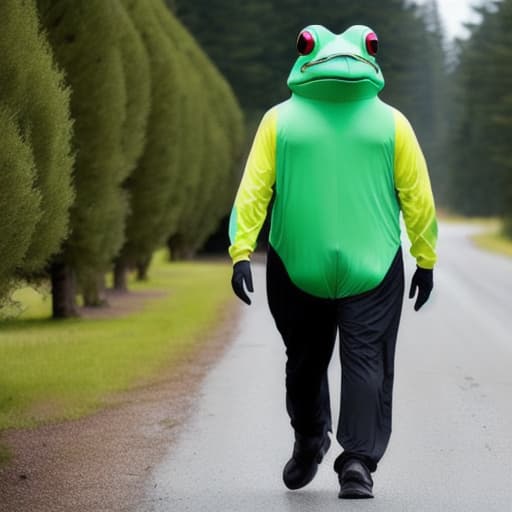  A man walks along a road in a frog suit with black fly pizza