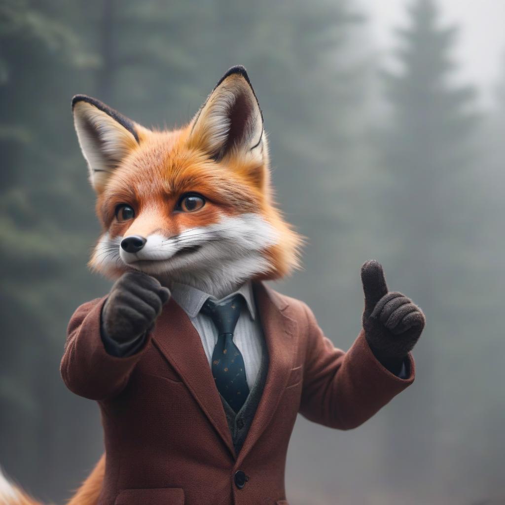  The smart fox shows two fingers and smiles. hyperrealistic, full body, detailed clothing, highly detailed, cinematic lighting, stunningly beautiful, intricate, sharp focus, f/1. 8, 85mm, (centered image composition), (professionally color graded), ((bright soft diffused light)), volumetric fog, trending on instagram, trending on tumblr, HDR 4K, 8K