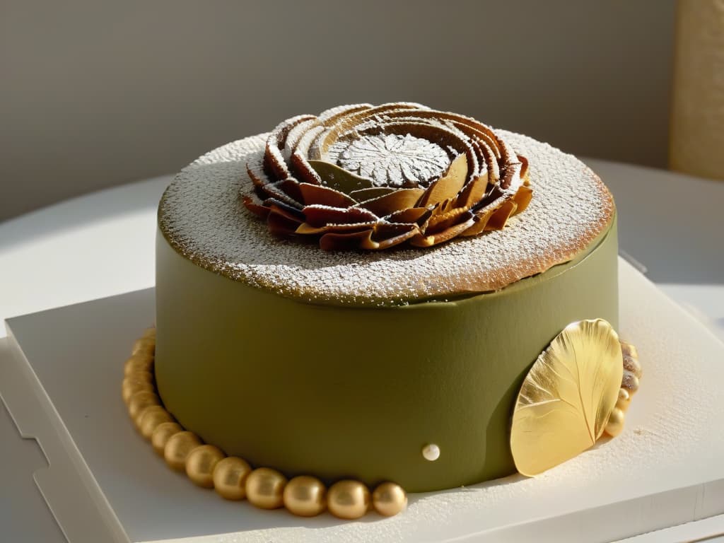  A closeup, minimalist image of an elegant, intricately designed pastry created by Gastón Lenôtre. The pastry is delicately adorned with gold leaf accents, showcasing a perfect balance of colors and textures. The focus is on the exquisite details of the dessert, highlighting Lenôtre's precise craftsmanship and artistry in the world of modern pastry. hyperrealistic, full body, detailed clothing, highly detailed, cinematic lighting, stunningly beautiful, intricate, sharp focus, f/1. 8, 85mm, (centered image composition), (professionally color graded), ((bright soft diffused light)), volumetric fog, trending on instagram, trending on tumblr, HDR 4K, 8K