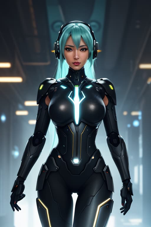  cgmech, beautiful eyes, upper body, underboob, portrait, robot, armor, Hatsune Miku, neon light, 8K, RAW, best quality, masterpiece, ultra high res, colorful, (medium wide shot), (dynamic perspective), sharp focus , (depth of field, bokeh:1.3), extremely detailed eyes and face, beautiful detailed eyes,large breasts,(black gold, trimmed gear:1.2),(In a futuristic weapons factory:1.2), ((masterpiece, best quality)), <lora:more details:0.3> Detailed background, spaceship interior <lora:Niji:0.5> black african women hyperrealistic, full body, detailed clothing, highly detailed, cinematic lighting, stunningly beautiful, intricate, sharp focus, f/1. 8, 85mm, (centered image composition), (professionally color graded), ((bright soft diffused light)), volumetric fog, trending on instagram, trending on tumblr, HDR 4K, 8K