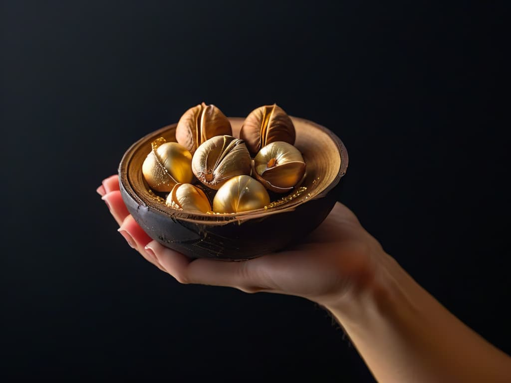  A closeup, ultradetailed image of a hand delicately holding a perfectly cracked macadamia nut, showcasing the creamy texture and rich golden color of the nut meat against a sleek, matte black background. The intricate details of the ridges and curves of the nut shell, the smooth surface of the nut meat, and the play of light and shadow create a visually striking and minimalist composition that emphasizes the luxurious quality of macadamia nuts. hyperrealistic, full body, detailed clothing, highly detailed, cinematic lighting, stunningly beautiful, intricate, sharp focus, f/1. 8, 85mm, (centered image composition), (professionally color graded), ((bright soft diffused light)), volumetric fog, trending on instagram, trending on tumblr, HDR 4K, 8K