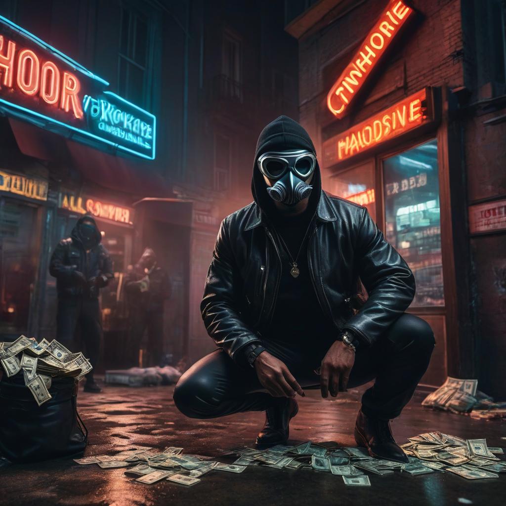  A criminal in a mask around flies money at one of the buildings. On a neon sign it is written chokopie team. hyperrealistic, full body, detailed clothing, highly detailed, cinematic lighting, stunningly beautiful, intricate, sharp focus, f/1. 8, 85mm, (centered image composition), (professionally color graded), ((bright soft diffused light)), volumetric fog, trending on instagram, trending on tumblr, HDR 4K, 8K