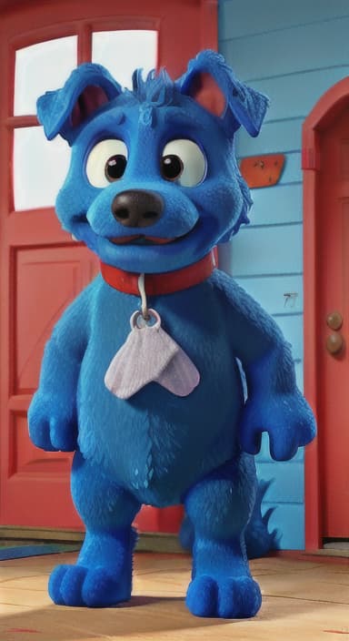  {Max the big blue dog standing in front of a cozy little house with a red door, The big blue dog is large with sky blue fur, big round eyes, a black nose, and floppy ears.