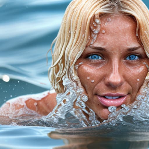  tanned blonde woman's face is in the water she's panic a lot of water waves and splashes around her