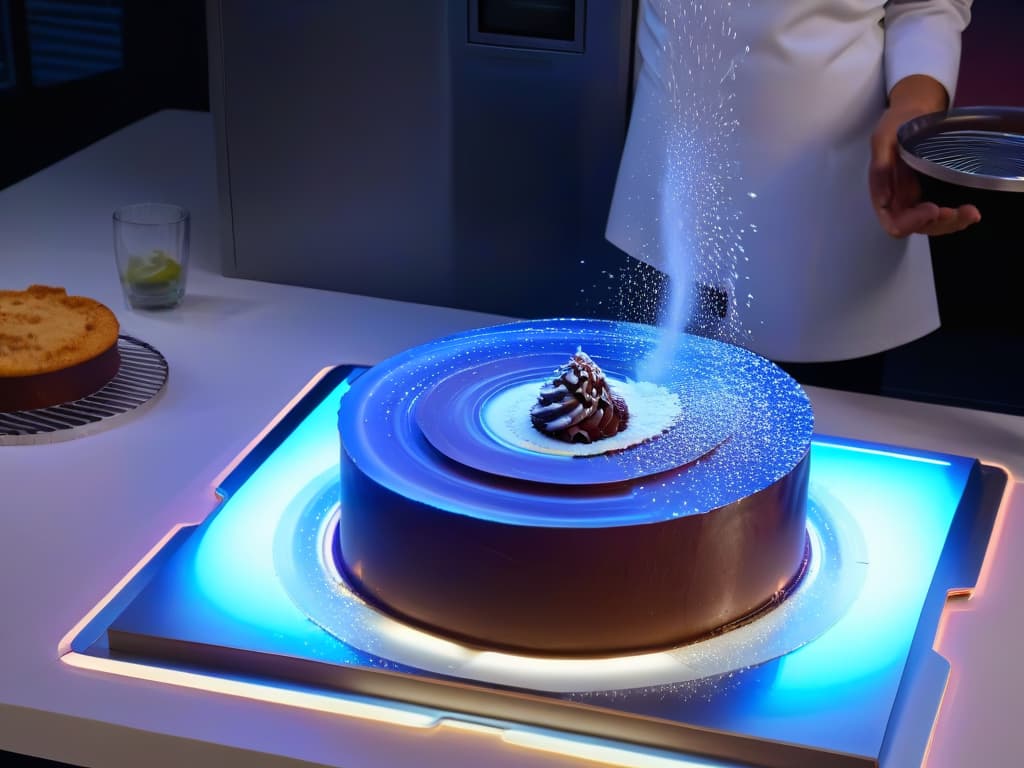  An ultradetailed 8k image of a sleek, futuristic kitchen countertop with holographic displays of virtual ingredients floating above it. The countertop features a holographic overlay showing stepbystep instructions for baking a decadent cake, seamlessly blending the physical and digital realms in a visually stunning demonstration of augmented reality technology in the culinary world. hyperrealistic, full body, detailed clothing, highly detailed, cinematic lighting, stunningly beautiful, intricate, sharp focus, f/1. 8, 85mm, (centered image composition), (professionally color graded), ((bright soft diffused light)), volumetric fog, trending on instagram, trending on tumblr, HDR 4K, 8K