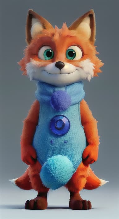  {Error the fox pressing the blue button with his paw, looking puzzled as nothing occurs., Error is a small, bright orange fox with a fluffy tail and big, inquisitive eyes. He has a mischievous yet kind expression and wears a tiny green scarf.