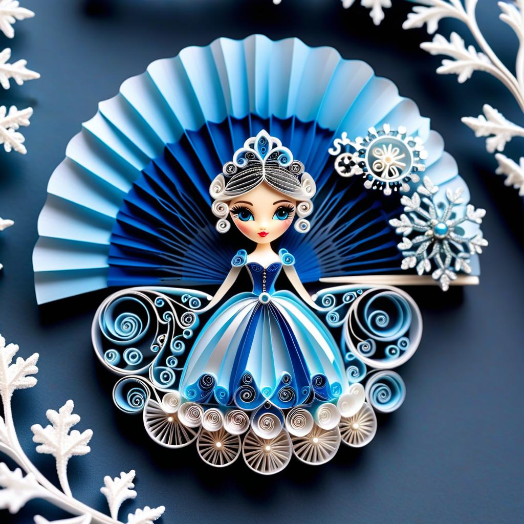  paper quilling art of (Ladies fan, winter design): colour silver blue, decorated with stars, snowflakes, frost. (Gears and shaft): silver pearl colour. (Pin): in the form of an ice cube. Empire, fantasy, baroque. . intricate, delicate, curling, rolling, shaping, coiling, loops, 3D, dimensional, ornamental hyperrealistic, full body, detailed clothing, highly detailed, cinematic lighting, stunningly beautiful, intricate, sharp focus, f/1. 8, 85mm, (centered image composition), (professionally color graded), ((bright soft diffused light)), volumetric fog, trending on instagram, trending on tumblr, HDR 4K, 8K