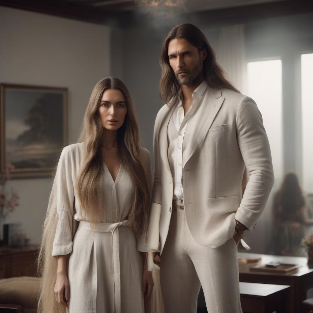  A girl with very long hair in a linen outfit and a man standing close in the room. hyperrealistic, full body, detailed clothing, highly detailed, cinematic lighting, stunningly beautiful, intricate, sharp focus, f/1. 8, 85mm, (centered image composition), (professionally color graded), ((bright soft diffused light)), volumetric fog, trending on instagram, trending on tumblr, HDR 4K, 8K