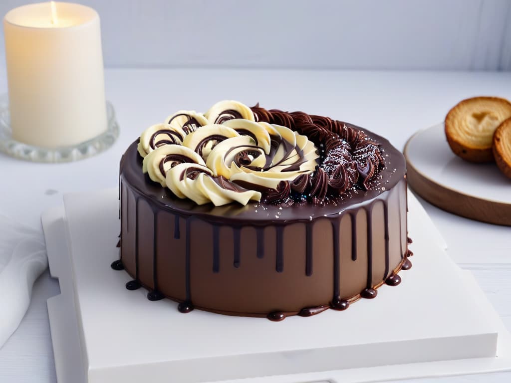  A closeup, ultradetailed image of a vegan chocolate ganache cake with intricate, delicate swirls of dairyfree cream and glossy chocolate drizzle on top. The cake sits on a minimalist white plate, showcasing the rich, indulgent texture and exquisite presentation of modern vegan desserts. hyperrealistic, full body, detailed clothing, highly detailed, cinematic lighting, stunningly beautiful, intricate, sharp focus, f/1. 8, 85mm, (centered image composition), (professionally color graded), ((bright soft diffused light)), volumetric fog, trending on instagram, trending on tumblr, HDR 4K, 8K