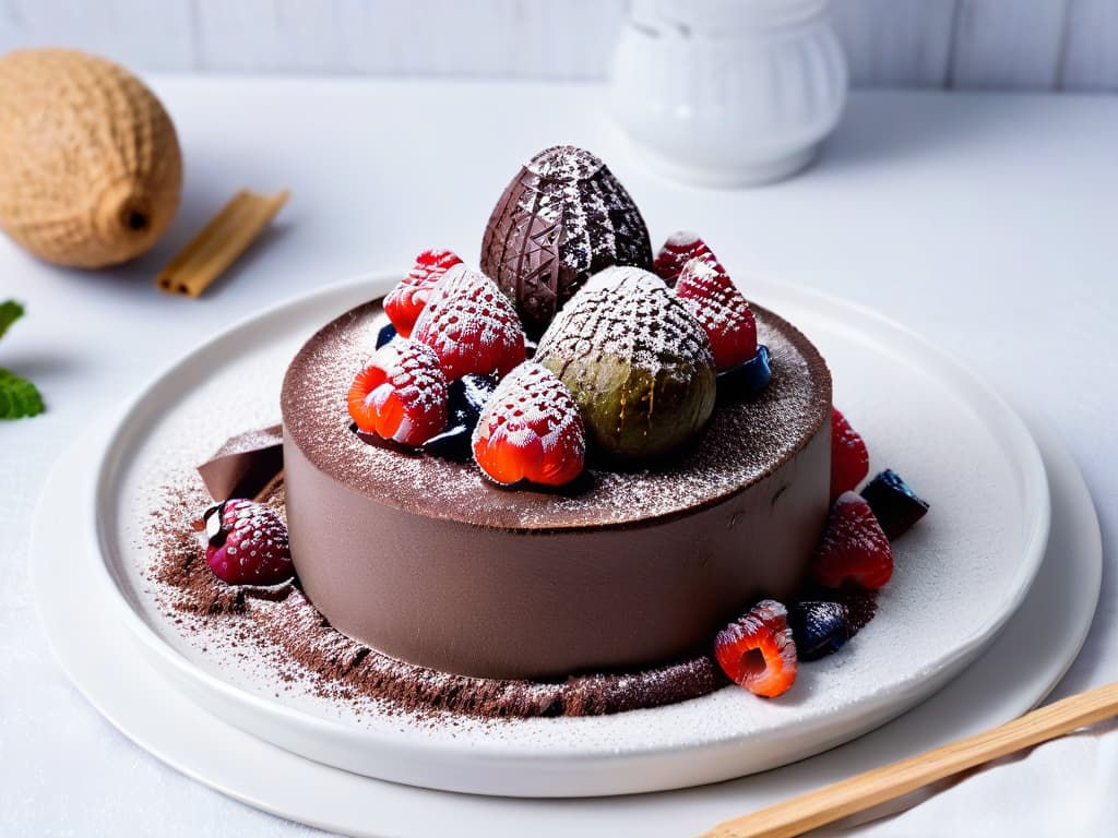  A closeup, ultradetailed image of a decadent vegan dark chocolate avocado mousse topped with fresh raspberries, mint leaves, and a dusting of cocoa powder, elegantly presented on a sleek, minimalist white plate. hyperrealistic, full body, detailed clothing, highly detailed, cinematic lighting, stunningly beautiful, intricate, sharp focus, f/1. 8, 85mm, (centered image composition), (professionally color graded), ((bright soft diffused light)), volumetric fog, trending on instagram, trending on tumblr, HDR 4K, 8K