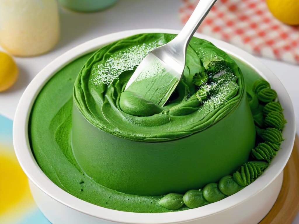  An ultradetailed image of a vibrant green spirulina powder being sifted delicately into a mixing bowl filled with a variety of colorful and decadent baked goods, showcasing the incorporation of spirulina into sweet treats like cupcakes, cookies, and pastries. The focus is on the intricate patterns created by the fine powder as it disperses through the air, creating a mesmerizing cloud of green against the backdrop of the delicious desserts. The lighting is soft, highlighting the rich hues of the baked goods and the vivid green of the spirulina, evoking a sense of artistry and culinary delight. hyperrealistic, full body, detailed clothing, highly detailed, cinematic lighting, stunningly beautiful, intricate, sharp focus, f/1. 8, 85mm, (centered image composition), (professionally color graded), ((bright soft diffused light)), volumetric fog, trending on instagram, trending on tumblr, HDR 4K, 8K