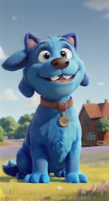  {A happy, big blue dog wagging its tail in a colorful meadow, The big blue dog is large with sky blue fur, big round eyes, a black nose, and floppy ears.