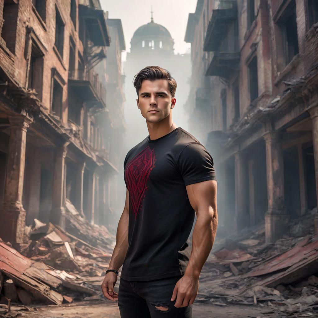  A young guy who looks like Austin St. Joh is wearing a black shirt and a red T shirt. Against the background of a ruined city. hyperrealistic, full body, detailed clothing, highly detailed, cinematic lighting, stunningly beautiful, intricate, sharp focus, f/1. 8, 85mm, (centered image composition), (professionally color graded), ((bright soft diffused light)), volumetric fog, trending on instagram, trending on tumblr, HDR 4K, 8K