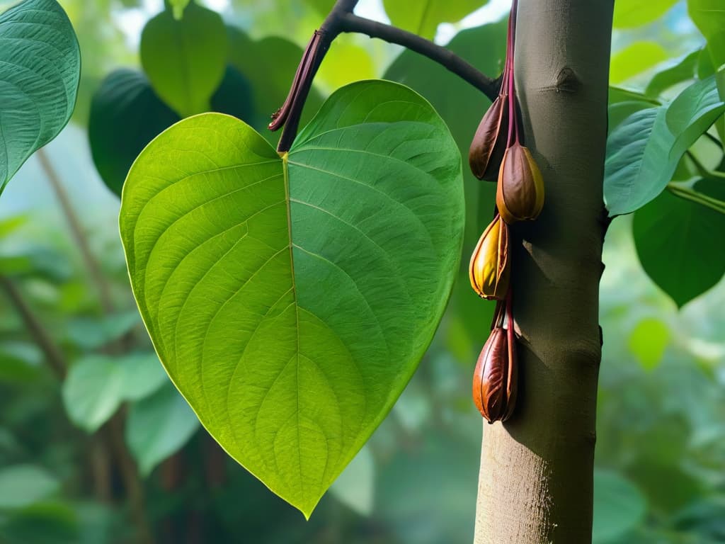  A closeup, highresolution image of a cacao tree with vibrant green leaves, showcasing the intricate details of the tree's bark and the delicate cacao pods hanging from its branches. The image captures the essence of sustainability in chocolate production, highlighting the natural beauty of cacao cultivation. hyperrealistic, full body, detailed clothing, highly detailed, cinematic lighting, stunningly beautiful, intricate, sharp focus, f/1. 8, 85mm, (centered image composition), (professionally color graded), ((bright soft diffused light)), volumetric fog, trending on instagram, trending on tumblr, HDR 4K, 8K