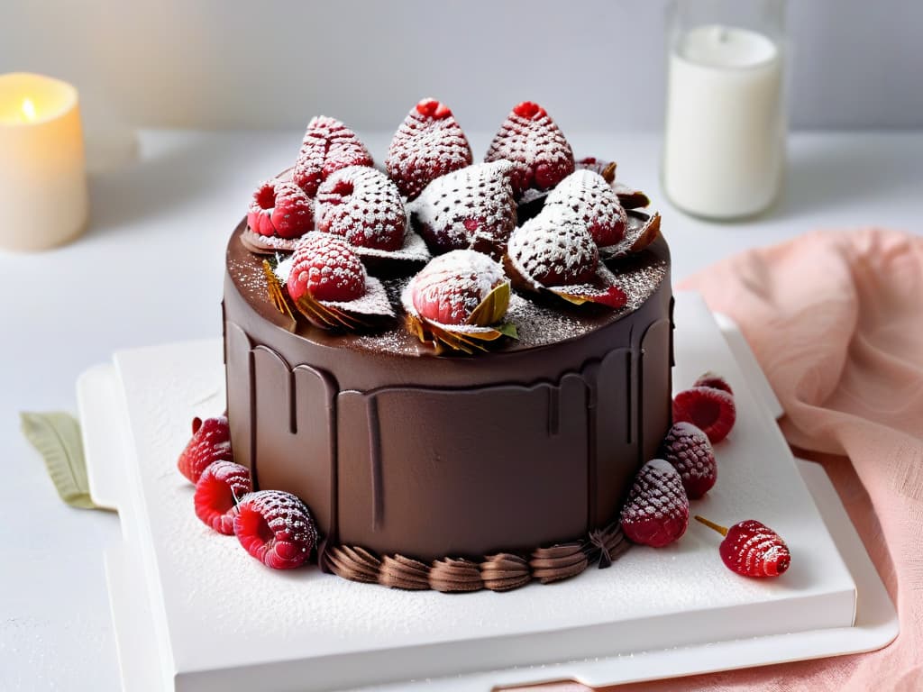  A closeup, ultradetailed image of a decadent vegan chocolate cake adorned with fresh raspberries, edible flowers, and a dusting of powdered sugar on a sleek, minimalist white serving plate. The rich, glossy chocolate ganache gently drips down the sides of the cake, showcasing layers of moist sponge in exquisite detail. The vibrant red raspberries and delicate petals contrast beautifully against the dark chocolate, creating a visually stunning and mouthwatering centerpiece. hyperrealistic, full body, detailed clothing, highly detailed, cinematic lighting, stunningly beautiful, intricate, sharp focus, f/1. 8, 85mm, (centered image composition), (professionally color graded), ((bright soft diffused light)), volumetric fog, trending on instagram, trending on tumblr, HDR 4K, 8K