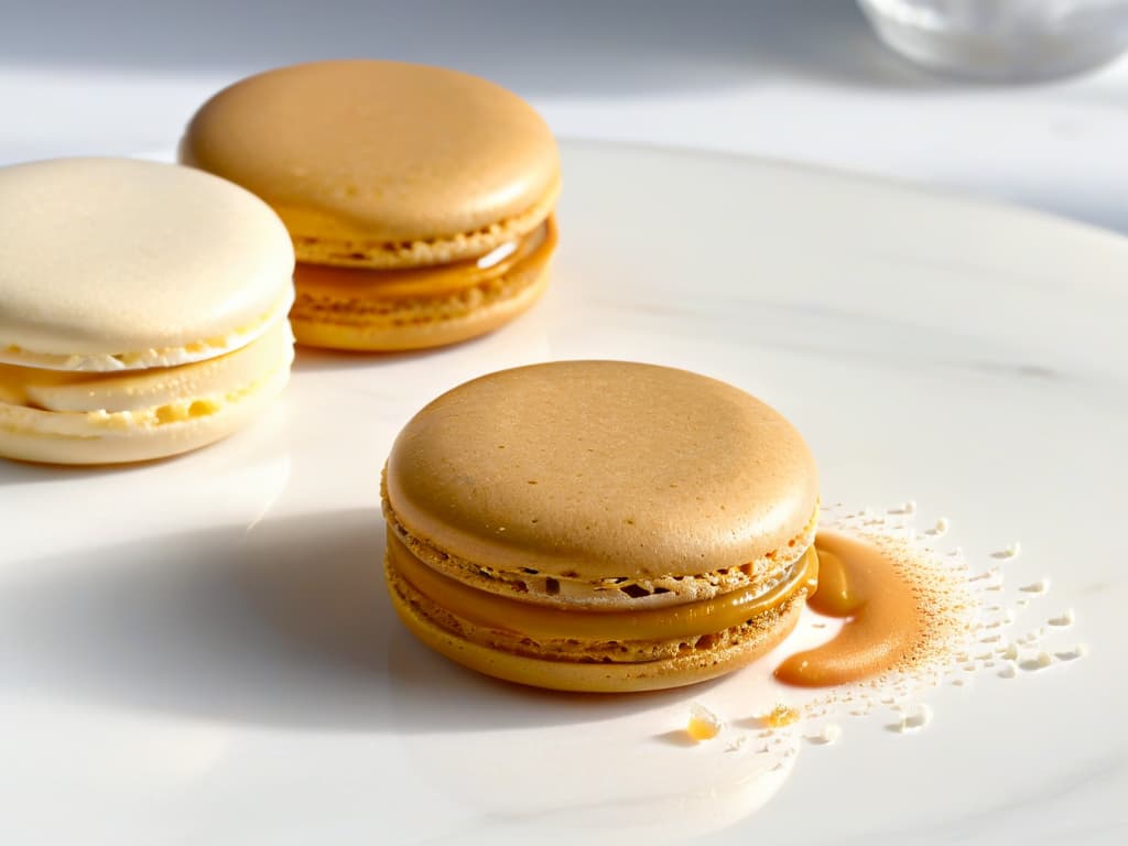  An intricately detailed closeup image of a perfectly golden brown salted caramel macaron, showcasing the delicate sea salt crystals glistening on the surface of the smooth, glossy shell. The macaron is elegantly placed on a pristine white marble countertop, with a soft, subtle shadow adding depth to the composition. The sea salt used in the macaron is unrefined, highlighting its natural and pure qualities, perfectly encapsulating the essence of the article's exploration of the difference between sea salt and refined salt in baking. hyperrealistic, full body, detailed clothing, highly detailed, cinematic lighting, stunningly beautiful, intricate, sharp focus, f/1. 8, 85mm, (centered image composition), (professionally color graded), ((bright soft diffused light)), volumetric fog, trending on instagram, trending on tumblr, HDR 4K, 8K