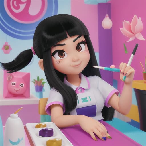  Cute thai girl, cartoon style, bright colours, long black hair working in a nail salon painting a very large finger nail of a customer