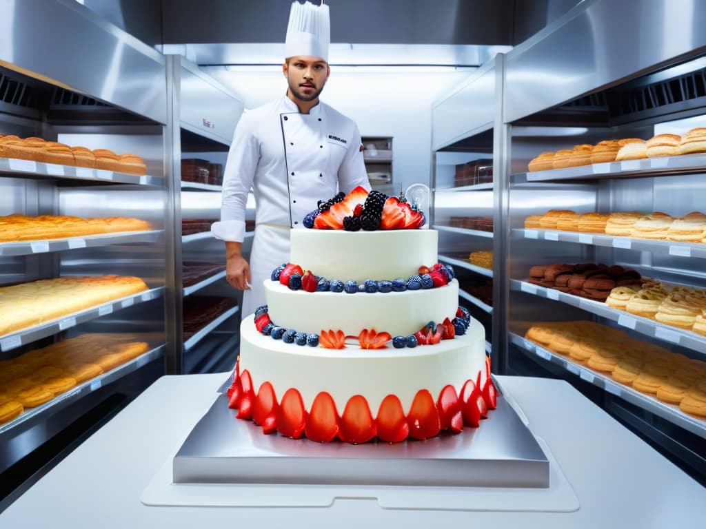  A highresolution, minimalist image of a sleek, modern bakery kitchen with stainless steel appliances and marble countertops. The image showcases a chef in a crisp white uniform delicately piping intricate designs on a multitiered cake, surrounded by shelves of neatly arranged ingredients like fresh berries, edible flowers, and gourmet chocolates. The overall aesthetic is clean, sophisticated, and visually appealing, perfectly capturing the essence of emerging trends in the pastry industry. hyperrealistic, full body, detailed clothing, highly detailed, cinematic lighting, stunningly beautiful, intricate, sharp focus, f/1. 8, 85mm, (centered image composition), (professionally color graded), ((bright soft diffused light)), volumetric fog, trending on instagram, trending on tumblr, HDR 4K, 8K