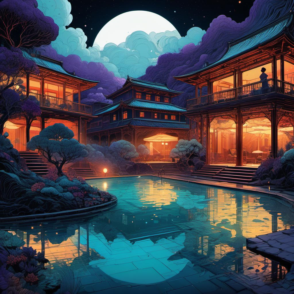 Hot Springs, Thermal Pools, clouds, dark perple colors, by Nicolas Delort and Victo Ngai, vivid, highly detailed, hand-drawn, combined with digital art, night, whimsical, (enchanting atmosphere:1.1), warm lighting , depth of field, Wacom Cintiq, Adobe Photoshop, 300 DPI, (hdr:1.2)