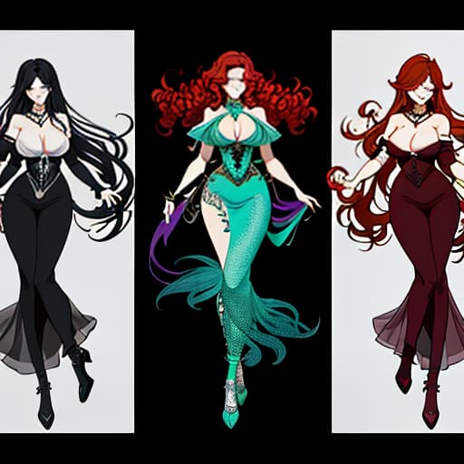  3 girls. A demon (dark hair), a mermaid (light red hair) and a witch (curly hair)., Indie game art, (Vector Art, Borderlands style, Arcane style, Cartoon style), Line art, Disctinct features, Hand drawn, Technical illustration, Graphic design, Vector graphics, High contrast, Precision artwork, Linear compositions, Scalable artwork, Digital art, cinematic sensual, Sharp focus, humorous illustration, big depth of field, Masterpiece, trending on artstation, Vivid colors, trending on ArtStation, trending on CGSociety, Intricate, Low Detail, dramatic hyperrealistic, full body, detailed clothing, highly detailed, cinematic lighting, stunningly beautiful, intricate, sharp focus, f/1. 8, 85mm, (centered image composition), (professionally color graded), ((bright soft diffused light)), volumetric fog, trending on instagram, trending on tumblr, HDR 4K, 8K