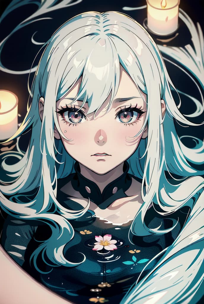  Manga Style, focus face, cry, high detail eyes, dynamic, mermaid black eyes, long white hair, 2d anime, dark tone, sad, there are candles underwater, ADVERTISING PHOTO,high quality, good proportion, masterpiece , The image is captured with an 8k camera