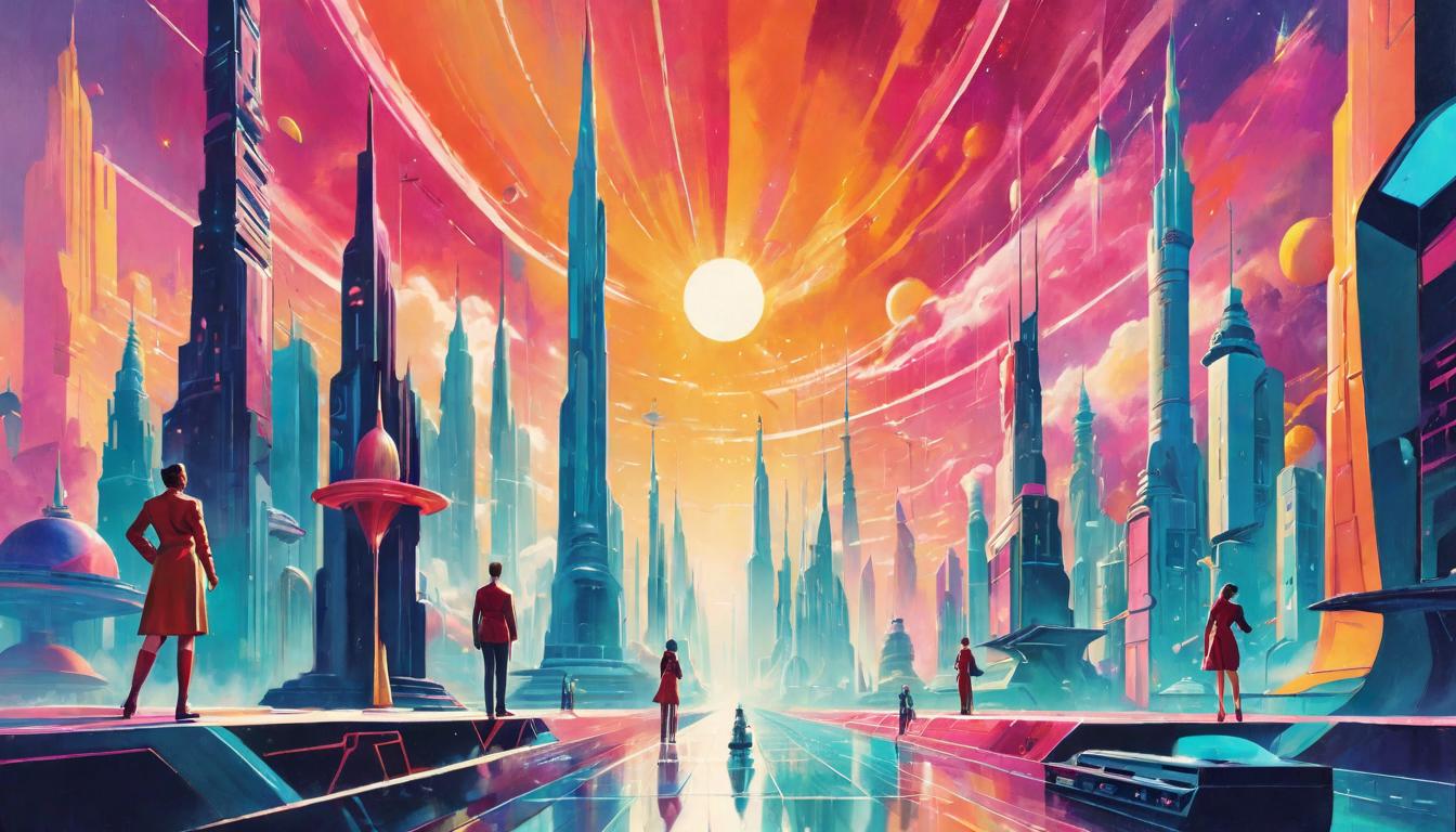  retro futuristic People reaching upwards towards a sky painted with vibrant colors, all standing on varying levels of pedestals. Theme of communal ascent, individual paths, unified effort. lvintage sci fi, 50s and 60s style, atomic age, vibrant, highly detailed