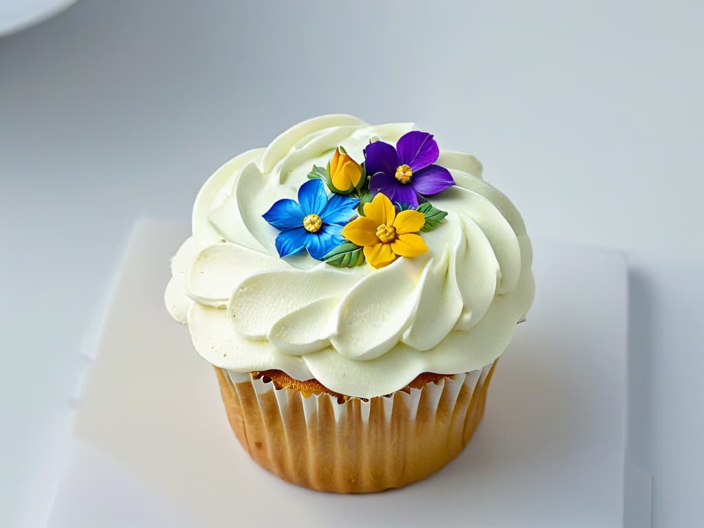  A closeup, ultradetailed image of a perfectly frosted cupcake, adorned with delicate edible flowers and shimmering gold leaf, set against a stark white background to emphasize the intricate details of the decoration and the smooth texture of the frosting. hyperrealistic, full body, detailed clothing, highly detailed, cinematic lighting, stunningly beautiful, intricate, sharp focus, f/1. 8, 85mm, (centered image composition), (professionally color graded), ((bright soft diffused light)), volumetric fog, trending on instagram, trending on tumblr, HDR 4K, 8K