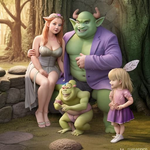  An ogre and a fairy with two children a boy and a girl with an witch and a toad