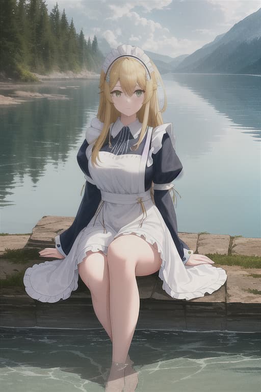  (score 9,score 8 up,score 7 up,),1girl,solo,maid,maid headdress,looking at viewer,outdoor,lake,apron,blonde hair,indoors,green eyes,bare foot,two feet in the water hyperrealistic, full body, detailed clothing, highly detailed, cinematic lighting, stunningly beautiful, intricate, sharp focus, f/1. 8, 85mm, (centered image composition), (professionally color graded), ((bright soft diffused light)), volumetric fog, trending on instagram, trending on tumblr, HDR 4K, 8K