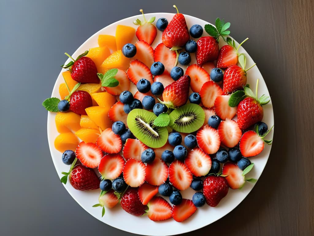  An exquisite closeup image of a vibrant, meticulously arranged fruit platter showcasing a symphony of colors and textures. The plate includes a variety of sliced fruits like strawberries, kiwis, oranges, and blueberries, artistically arranged in a visually appealing pattern. Each fruit segment glistens with freshness, and the natural hues pop against the sleek, white porcelain dish, creating a visually stunning and appetizing display that embodies the essence of harmonious edible color combinations. hyperrealistic, full body, detailed clothing, highly detailed, cinematic lighting, stunningly beautiful, intricate, sharp focus, f/1. 8, 85mm, (centered image composition), (professionally color graded), ((bright soft diffused light)), volumetric fog, trending on instagram, trending on tumblr, HDR 4K, 8K