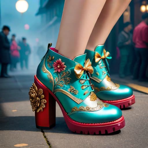  Subject detail: the image depicts a Highly detailed ornate shoe with chunky soles, The shoe is covered in soft, luxurious materials. Art style: in the mixed art style of Buffalo London, Irregular Choice, and Osamu Tezuka. Medium: This artwork is highly detailed and photorealistic. hyperrealistic, full body, detailed clothing, highly detailed, cinematic lighting, stunningly beautiful, intricate, sharp focus, f/1. 8, 85mm, (centered image composition), (professionally color graded), ((bright soft diffused light)), volumetric fog, trending on instagram, trending on tumblr, HDR 4K, 8K