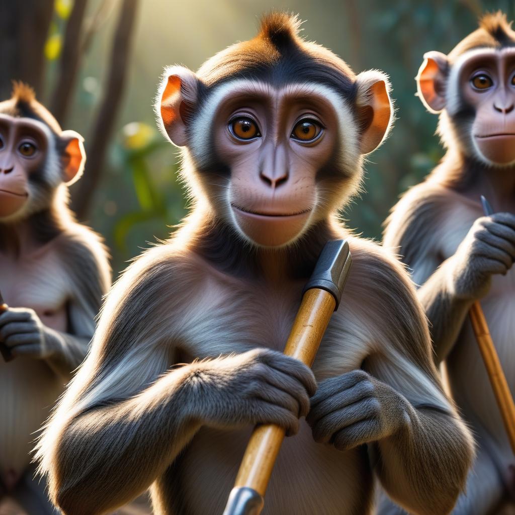  cinematic film still Draw Madagascar monkeys holding tools in their hands. . shallow depth of field, vignette, highly detailed, high budget, bokeh, cinemascope, moody, epic, gorgeous, film grain, grainy hyperrealistic, full body, detailed clothing, highly detailed, cinematic lighting, stunningly beautiful, intricate, sharp focus, f/1. 8, 85mm, (centered image composition), (professionally color graded), ((bright soft diffused light)), volumetric fog, trending on instagram, trending on tumblr, HDR 4K, 8K