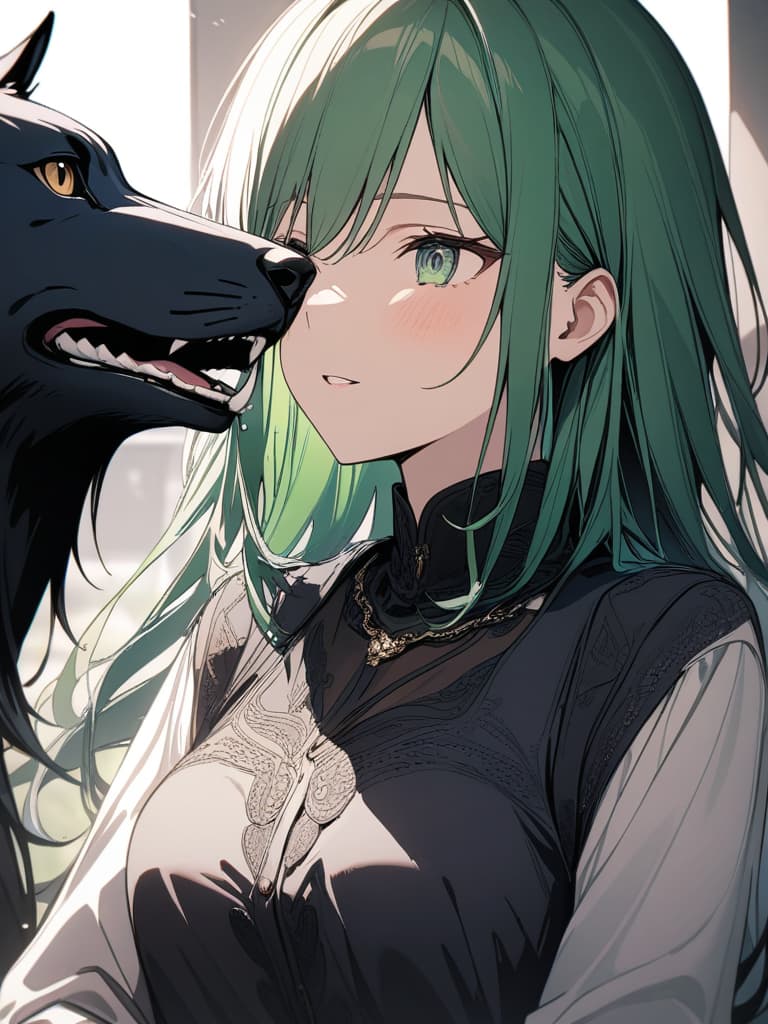  Green hair character and black Anubis, masterpiece, best quality,8k,ultra detailed,high resolution,an extremely delicate and beautiful,hyper detail