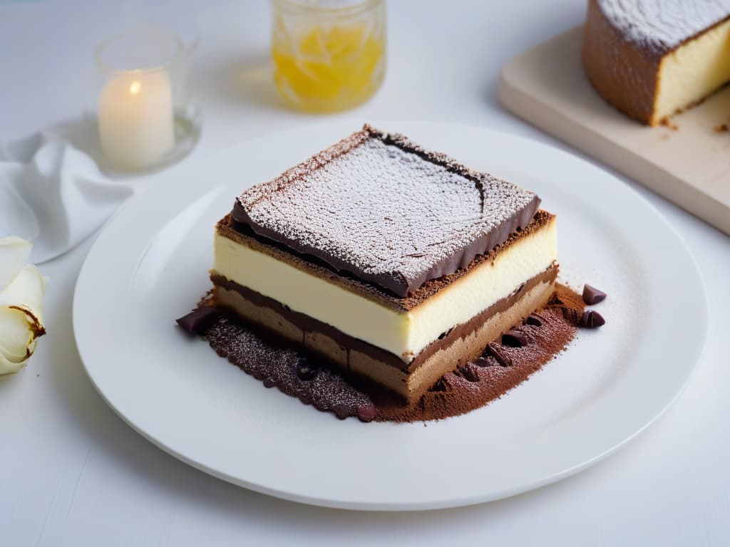  A closeup, ultradetailed image of a decadent, luscious slice of tiramisu with a dusting of cocoa powder on top, nestled on a pristine white plate. The tiramisu is beautifully layered with creamy mascarpone cheese, espressosoaked ladyfingers, and a hint of dark chocolate shavings, all perfectly arranged to showcase the dessert's rich texture and exquisite presentation. The play of shadows and light highlights the dessert's velvety smoothness, making it a tempting and visually appealing focal point that captures the essence of a healthy and easytomake tiramisu. hyperrealistic, full body, detailed clothing, highly detailed, cinematic lighting, stunningly beautiful, intricate, sharp focus, f/1. 8, 85mm, (centered image composition), (professionally color graded), ((bright soft diffused light)), volumetric fog, trending on instagram, trending on tumblr, HDR 4K, 8K