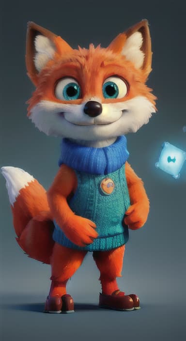  {Error the fox pressing the blue button with his paw, looking puzzled as nothing occurs., Error is a small, bright orange fox with a fluffy tail and big, inquisitive eyes. He has a mischievous yet kind expression and wears a tiny green scarf.