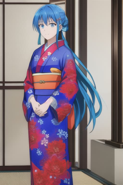  Tall, beautiful, inn, blue hair, light red kimono